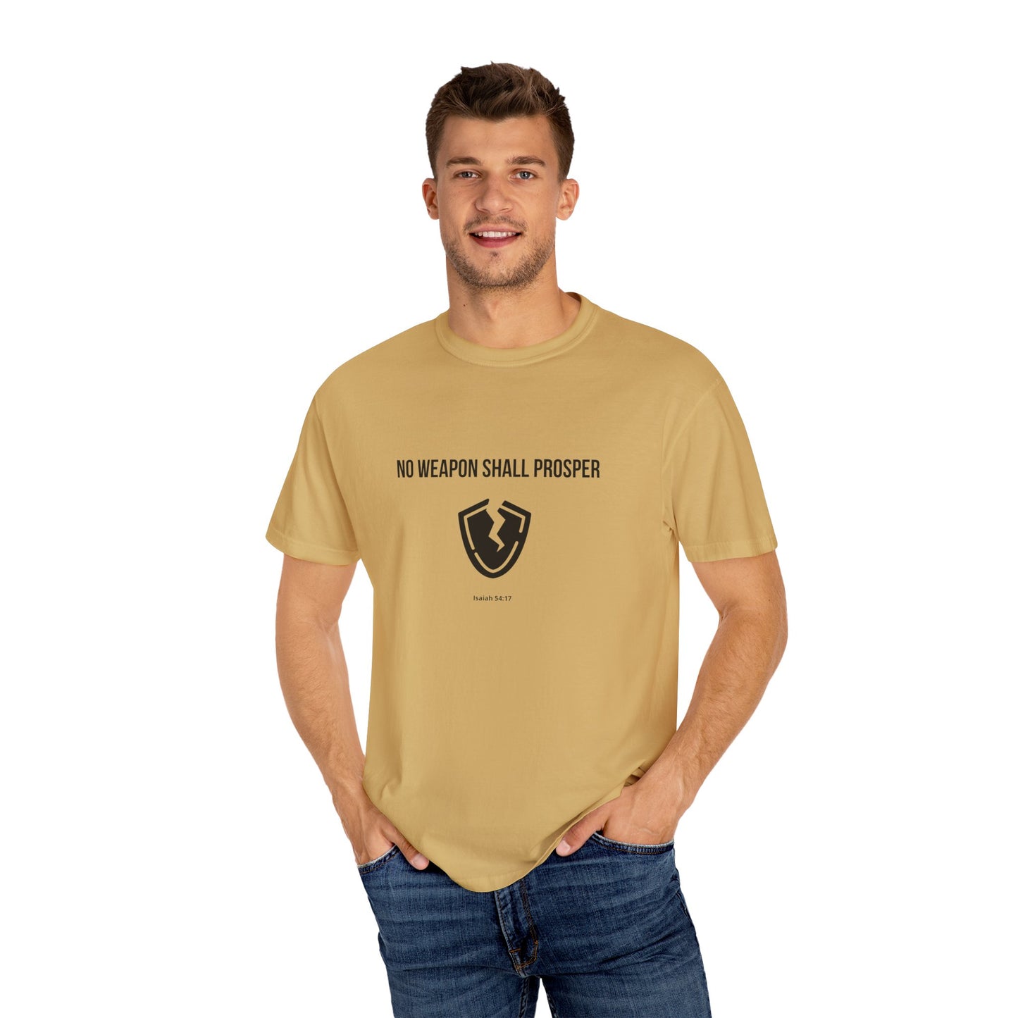Comfort Colors "No Weapon Shall Prosper" – Isaiah 54:17 Bible Verse Graphic T-Shirt