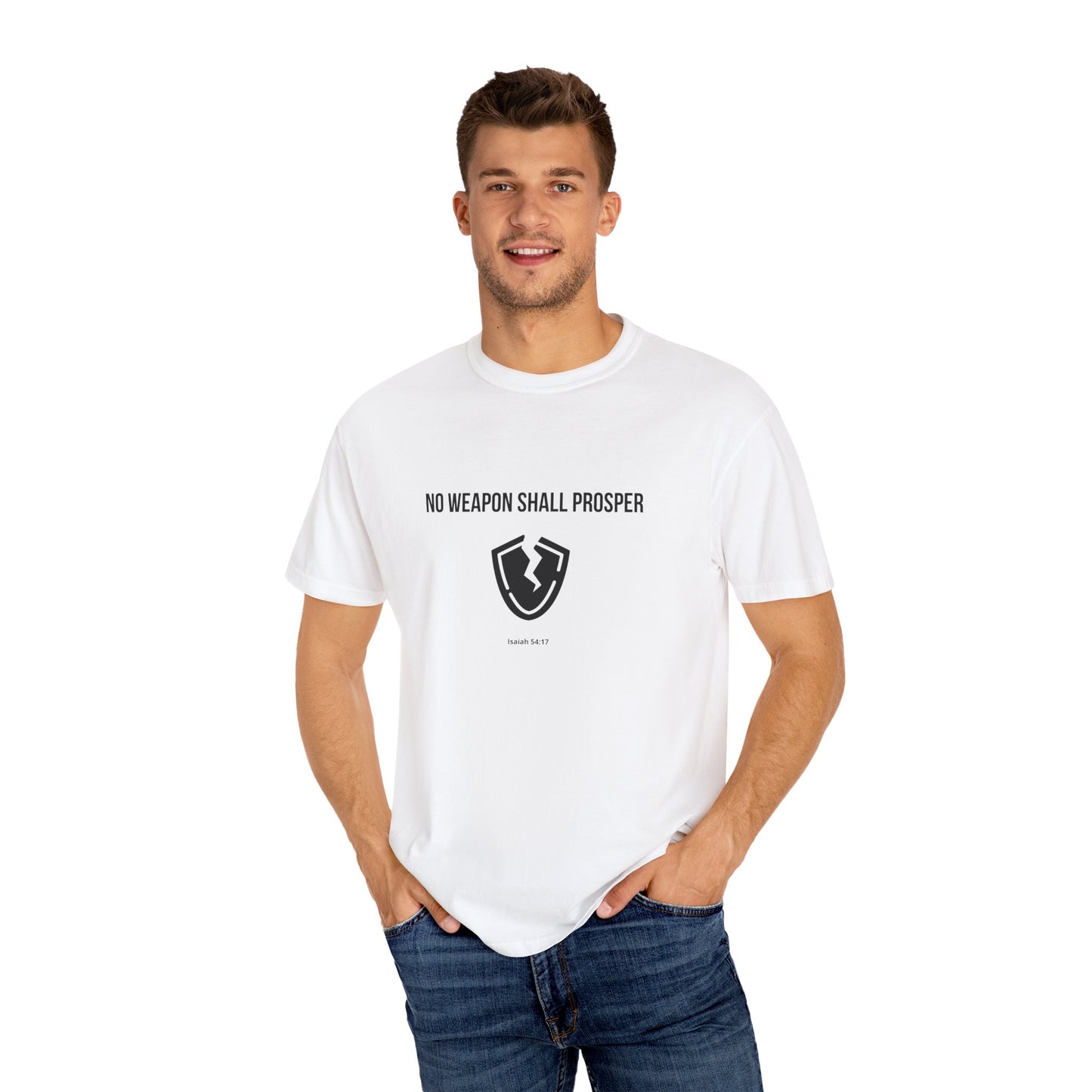 Comfort Colors "No Weapon Shall Prosper" – Isaiah 54:17 Bible Verse Graphic T-Shirt