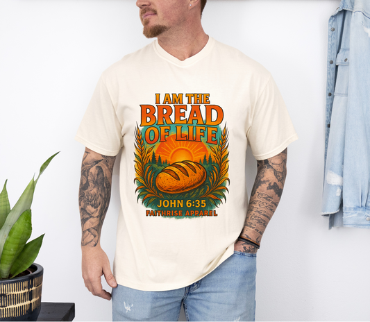 “I Am the Bread of Life” John 6:35 Comfort Colors Christian T-Shirt – Vintage Faith Tee with Hand-Drawn Scripture Design