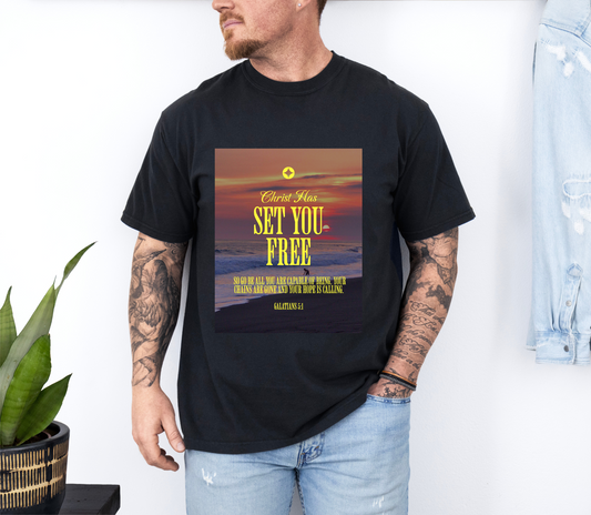 Comfort Colors "Christ Has Set You Free"- Galatians 5:1 Beach Themed Graphic Tee